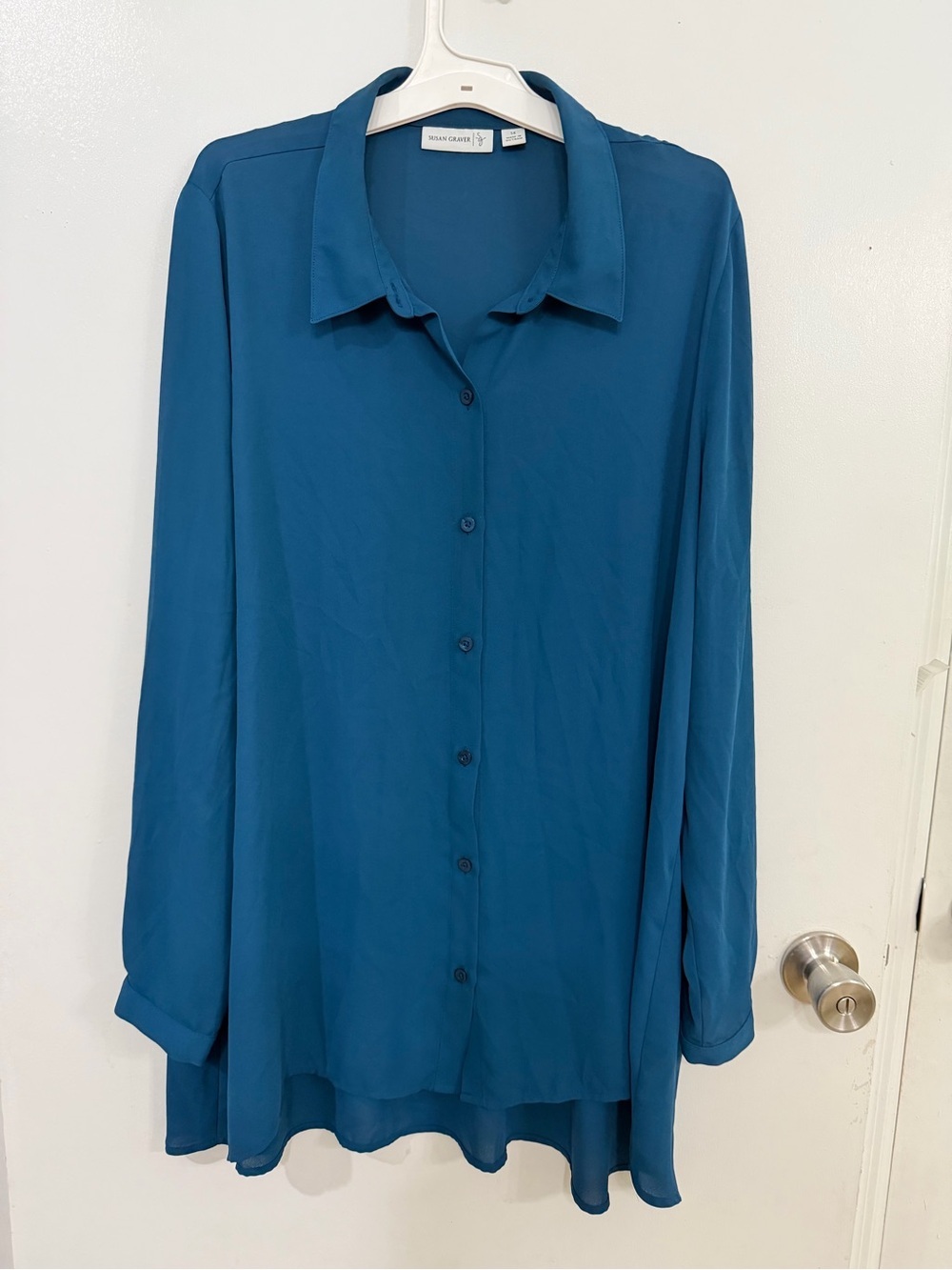 Susan Graver Teal Button-Down Shirt, size 14